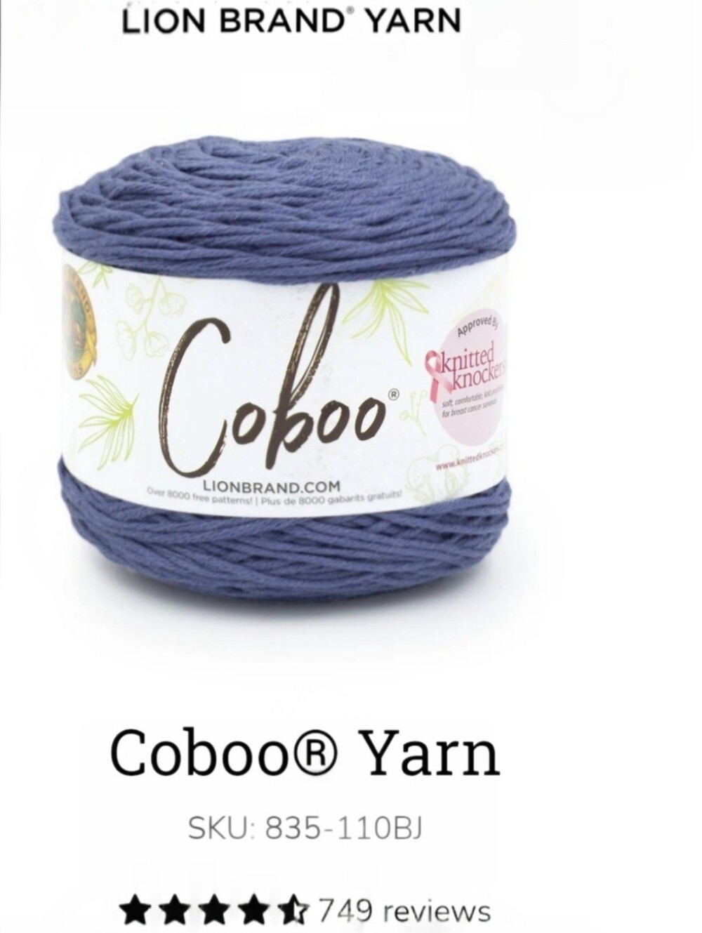 NWT Lion Brand Coboo Yarn - Color: Admiral (dark purple-blue) 11 Balls